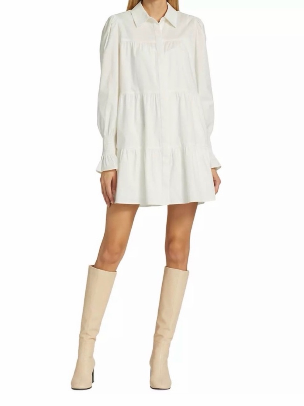 WAYF Canossa Tiered Cotton Shirtdress Ivory Puff Sleeve Mini Dress Size L